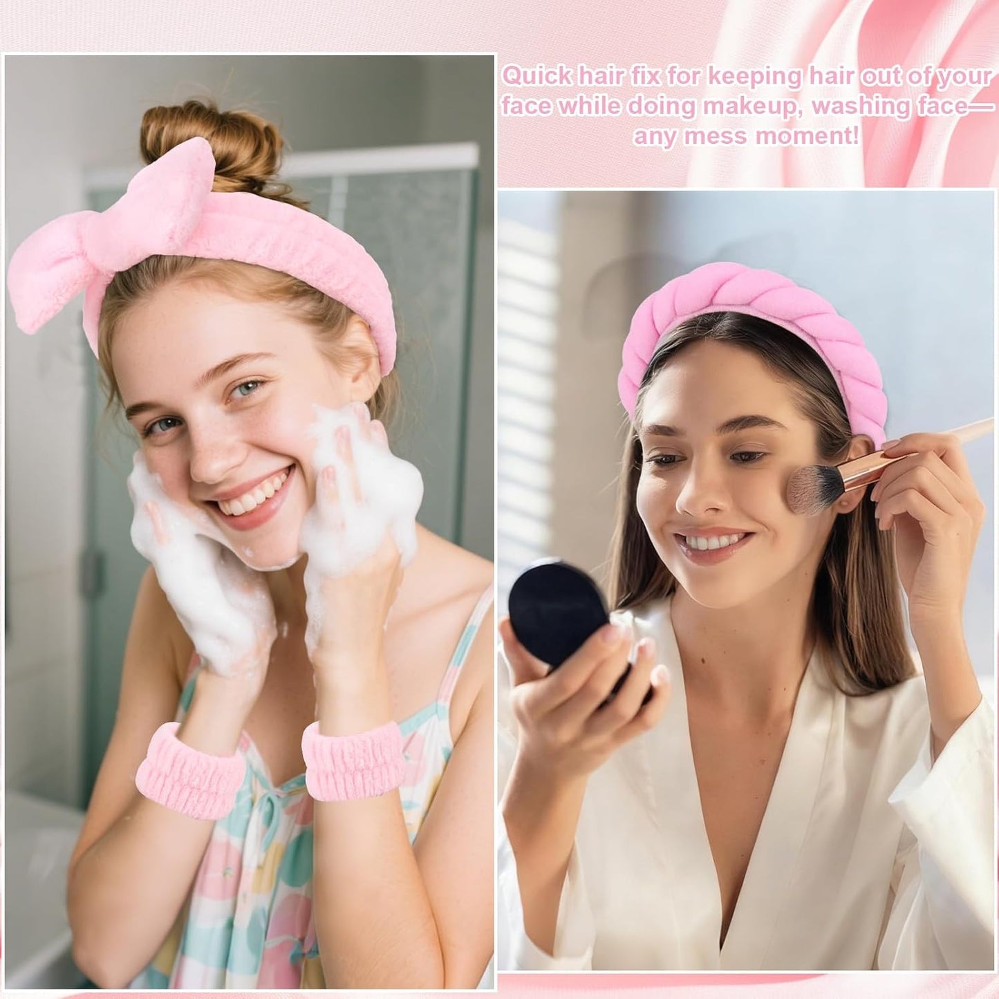 Wecoe Pink Spa Headband & Wristband Set Makeup Facial Skincare Headbands for Washing Face Get Ready Puffy Bow Hair Band Wristbands Cute Hair Accessories for Women Girls Spa Gifts