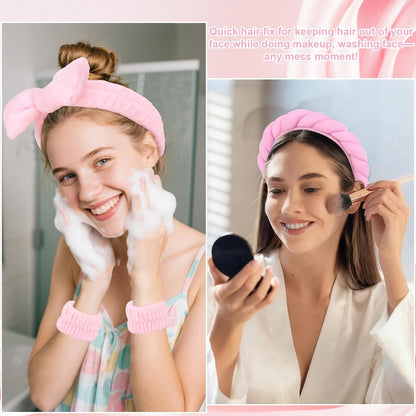 Wecoe Pink Spa Headband & Wristband Set Makeup Facial Skincare Headbands for Washing Face Get Ready Puffy Bow Hair Band Wristbands Cute Hair Accessories for Women Girls Spa Gifts