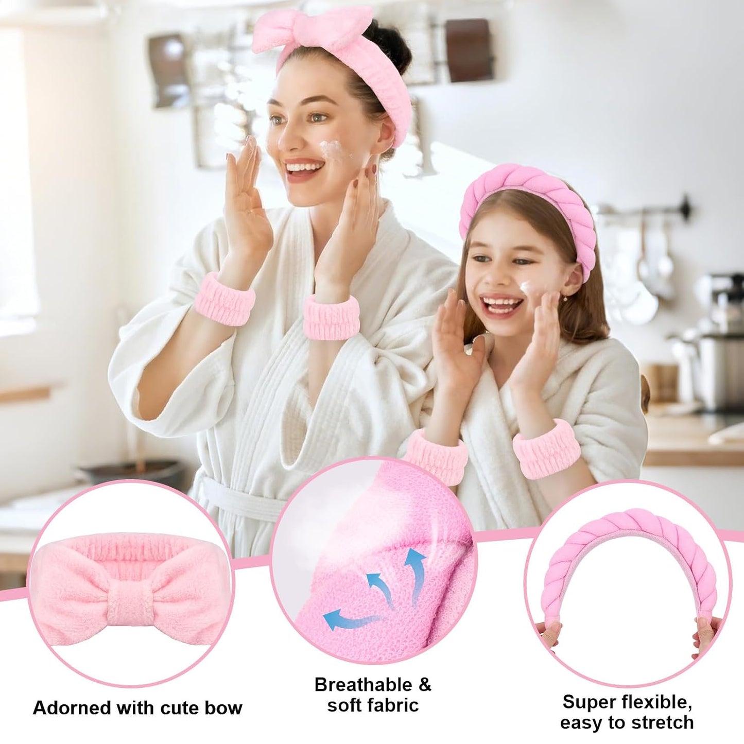 Wecoe Pink Spa Headband & Wristband Set Makeup Facial Skincare Headbands for Washing Face Get Ready Puffy Bow Hair Band Wristbands Cute Hair Accessories for Women Girls Spa Gifts