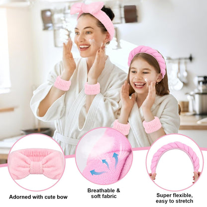 Wecoe Pink Spa Headband & Wristband Set Makeup Facial Skincare Headbands for Washing Face Get Ready Puffy Bow Hair Band Wristbands Cute Hair Accessories for Women Girls Spa Gifts
