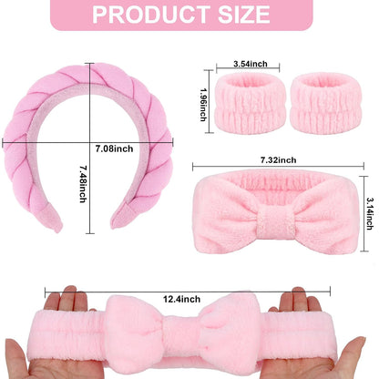 Wecoe Pink Spa Headband & Wristband Set Makeup Facial Skincare Headbands for Washing Face Get Ready Puffy Bow Hair Band Wristbands Cute Hair Accessories for Women Girls Spa Gifts