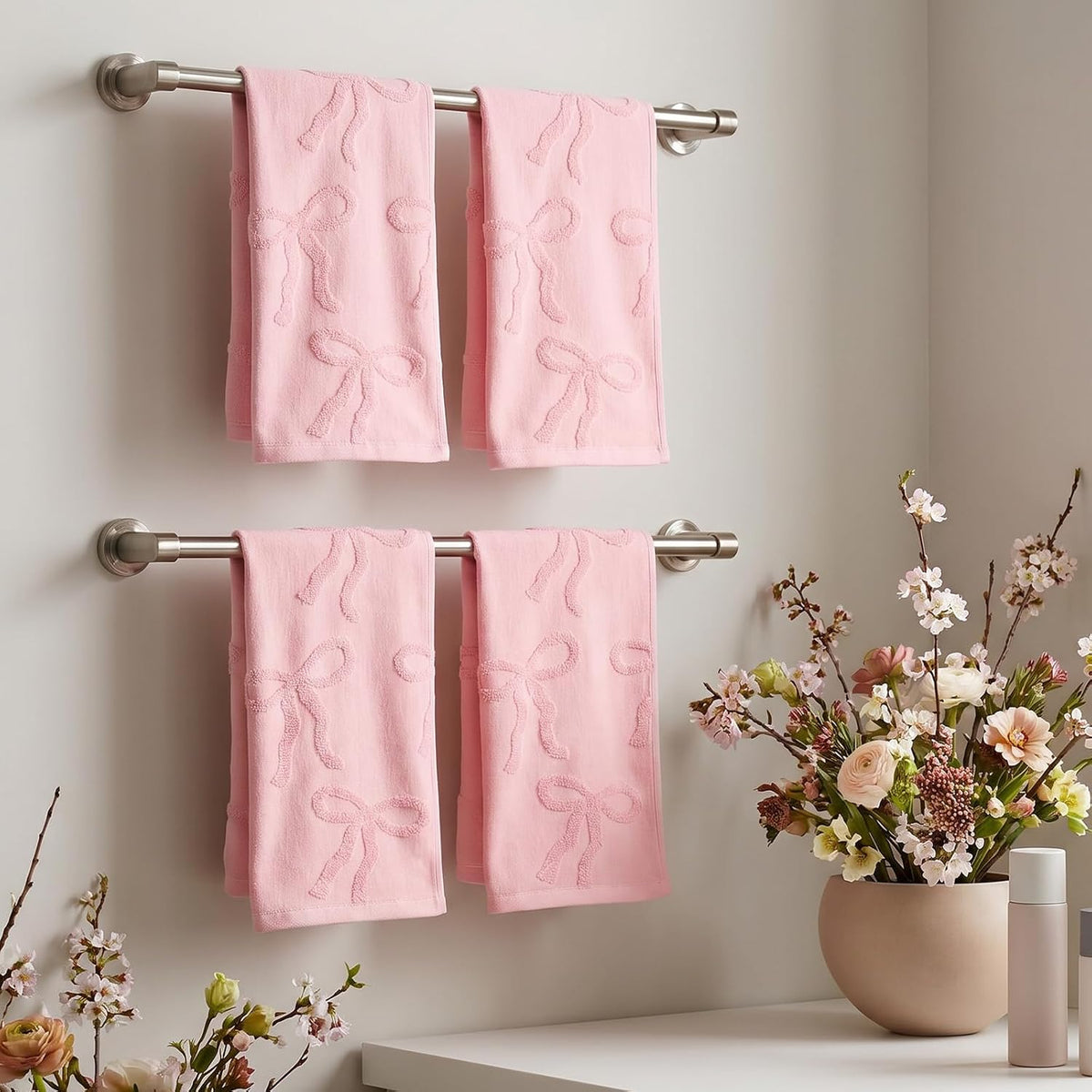 4 Pcs Pink Hand Towels for Bathroom Coquette Bow Decor Cotton Absorbent Jacquard Weave Preppy Pink Bathroom Decor Gift Set 29.52 x 13.77 Inch