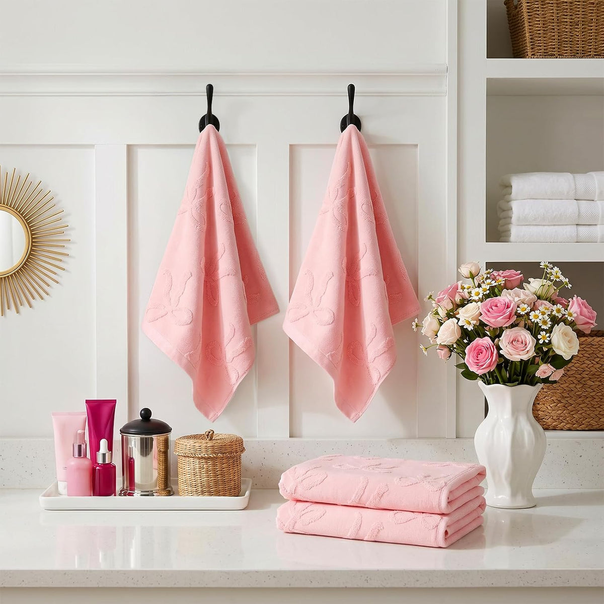 4 Pcs Pink Hand Towels for Bathroom Coquette Bow Decor Cotton Absorbent Jacquard Weave Preppy Pink Bathroom Decor Gift Set 29.52 x 13.77 Inch