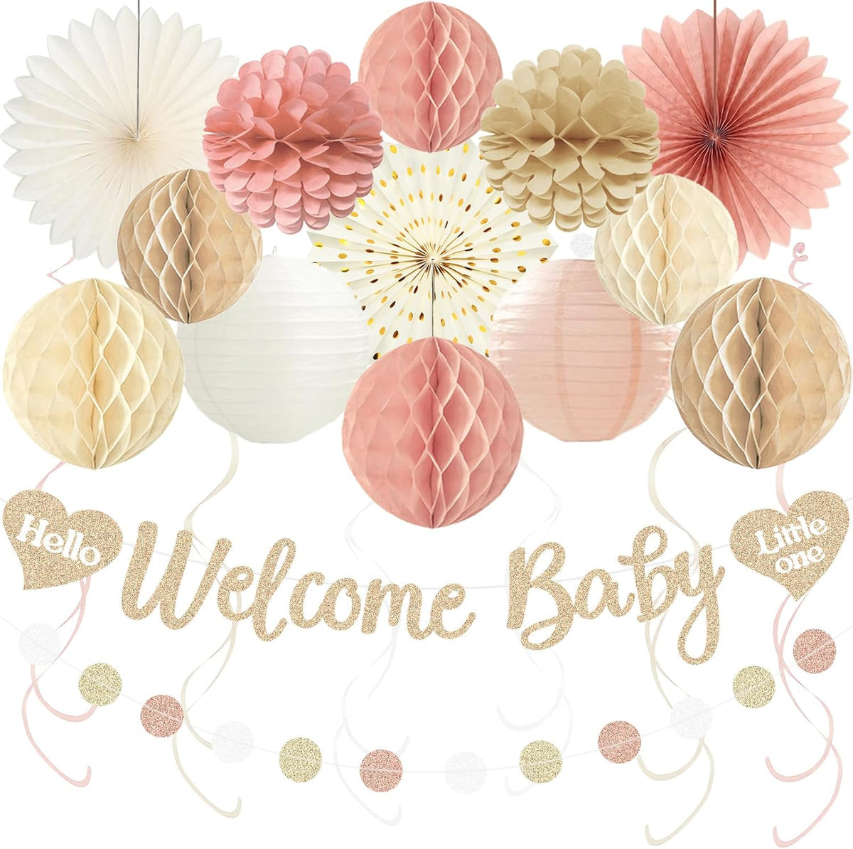 Boho Blush Pink Baby Shower Decorations for Girl, Pre-Strung, 24pcs