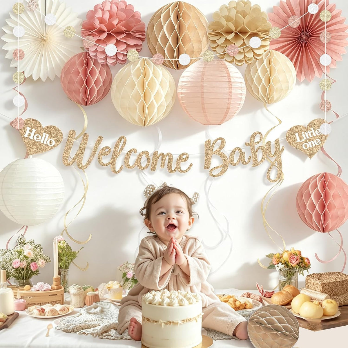 Boho Blush Pink Baby Shower Decorations for Girl, Pre-Strung, 24pcs
