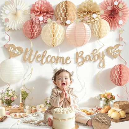 Boho Blush Pink Baby Shower Decorations for Girl, Pre-Strung, 24pcs