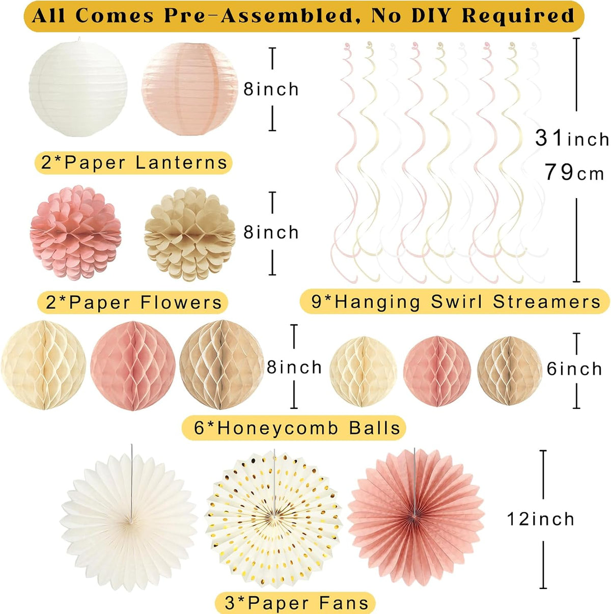 Boho Blush Pink Baby Shower Decorations for Girl, Pre-Strung, 24pcs