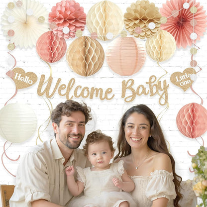 Boho Blush Pink Baby Shower Decorations for Girl, Pre-Strung, 24pcs
