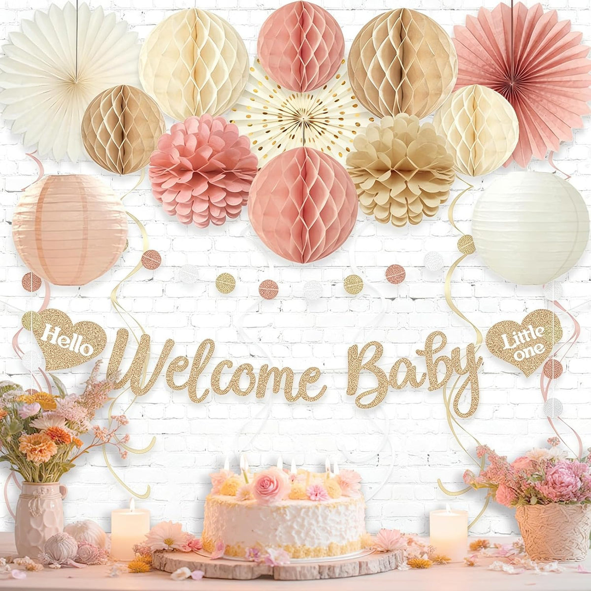 Boho Blush Pink Baby Shower Decorations for Girl, Pre-Strung, 24pcs