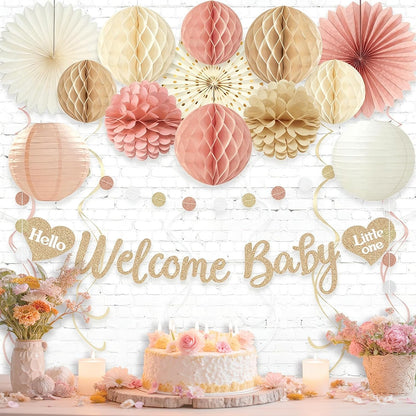 Boho Blush Pink Baby Shower Decorations for Girl, Pre-Strung, 24pcs