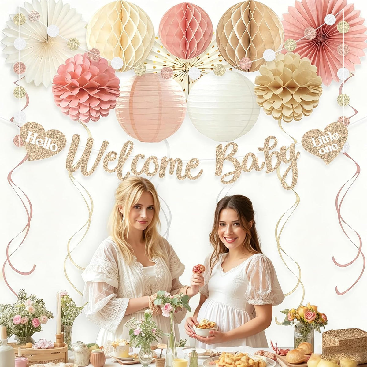 Boho Blush Pink Baby Shower Decorations for Girl, Pre-Strung, 24pcs