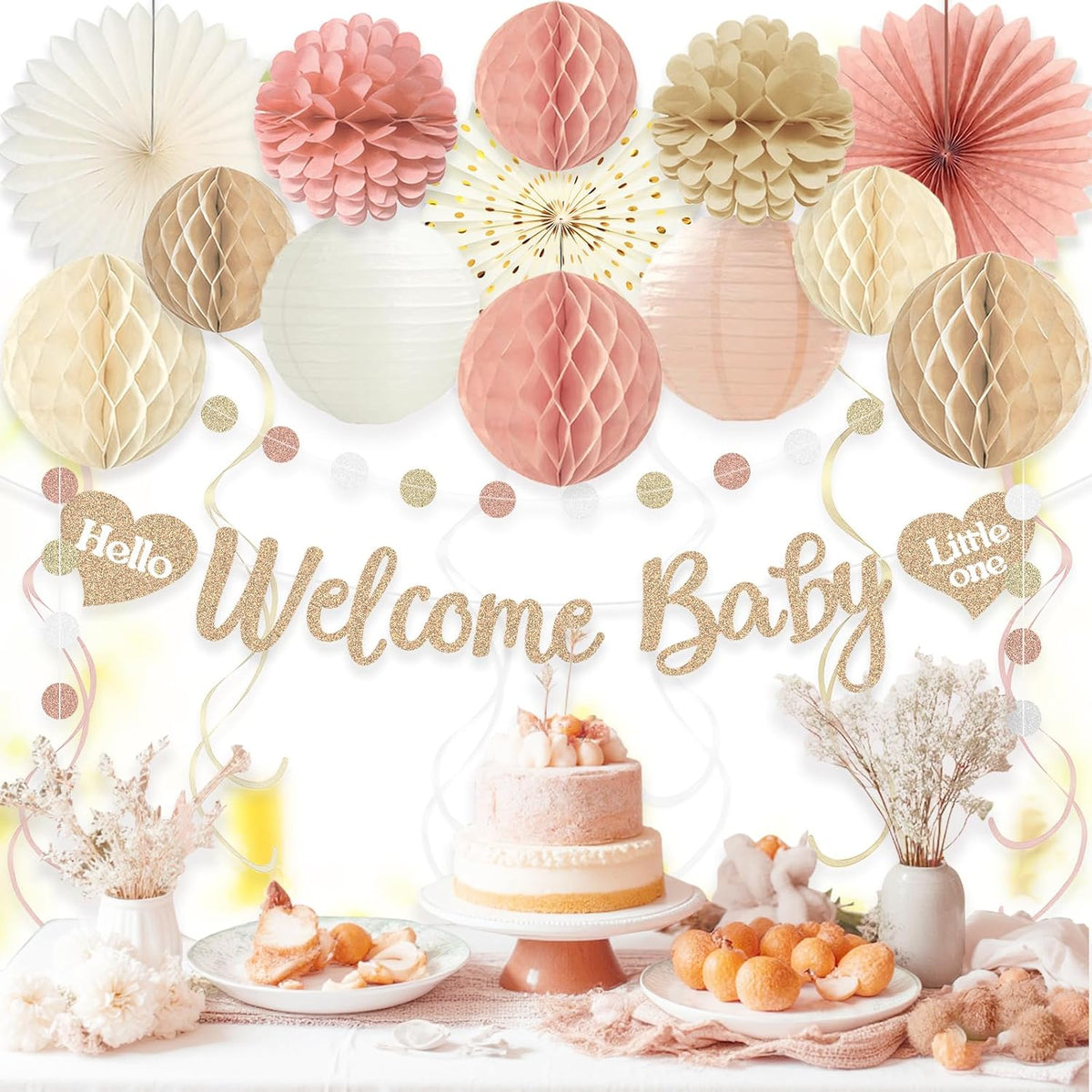 Boho Blush Pink Baby Shower Decorations for Girl, Pre-Strung, 24pcs