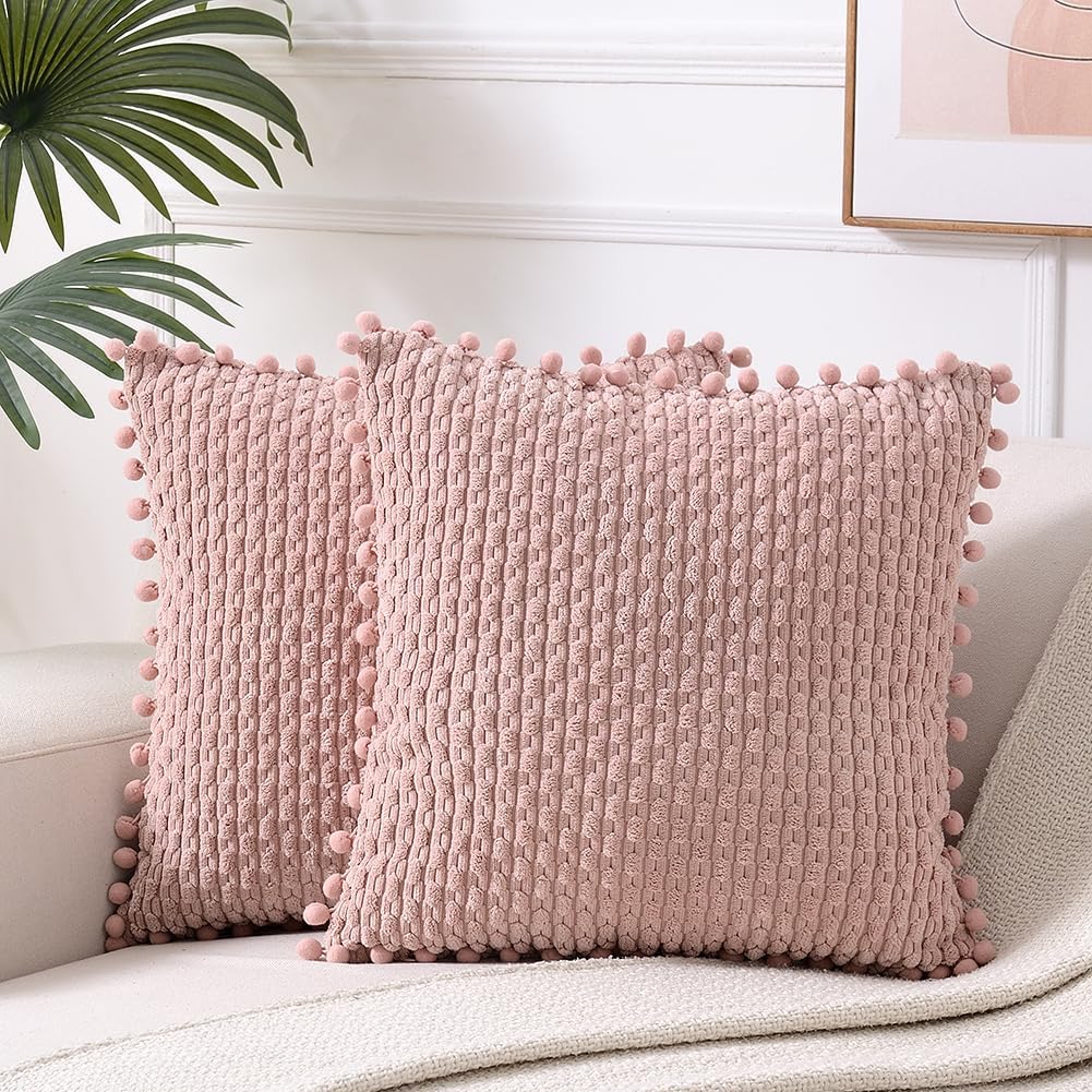 2 Packs Dusty Pink Decorative Throw Pillow Covers 18x18 Inch with Pom-poms for Couch Bedroom Living Room, Farmhouse Boho Home Decor, Soft Cute Plush Corduroy Blush Cushion Case 45x45 cm