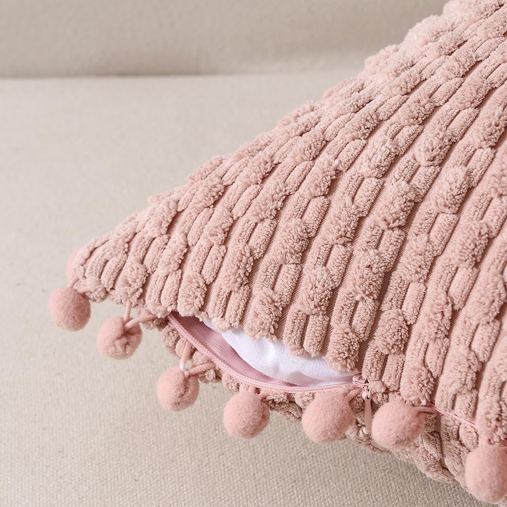 2 Packs Dusty Pink Decorative Throw Pillow Covers 18x18 Inch with Pom-poms for Couch Bedroom Living Room, Farmhouse Boho Home Decor, Soft Cute Plush Corduroy Blush Cushion Case 45x45 cm