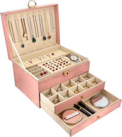 SRTCYDA Jewelry Box for Women, 3-Layer Jewelry Organizers with Lock and Key
