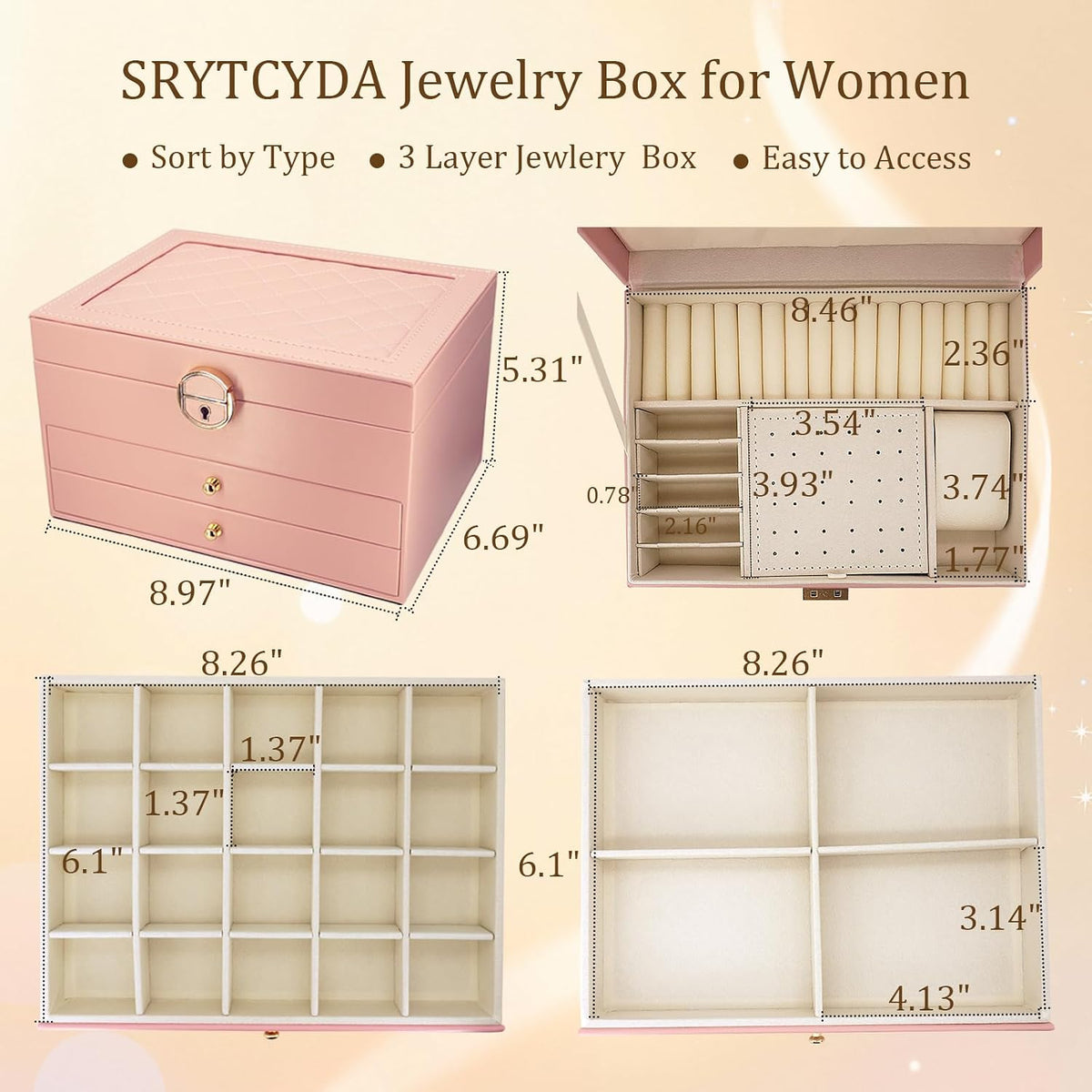 SRTCYDA Jewelry Box for Women, 3-Layer Jewelry Organizers with Lock and Key