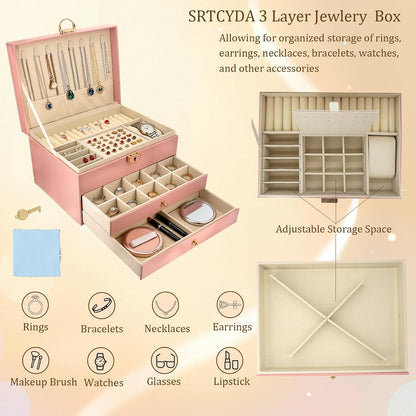 SRTCYDA Jewelry Box for Women, 3-Layer Jewelry Organizers with Lock and Key