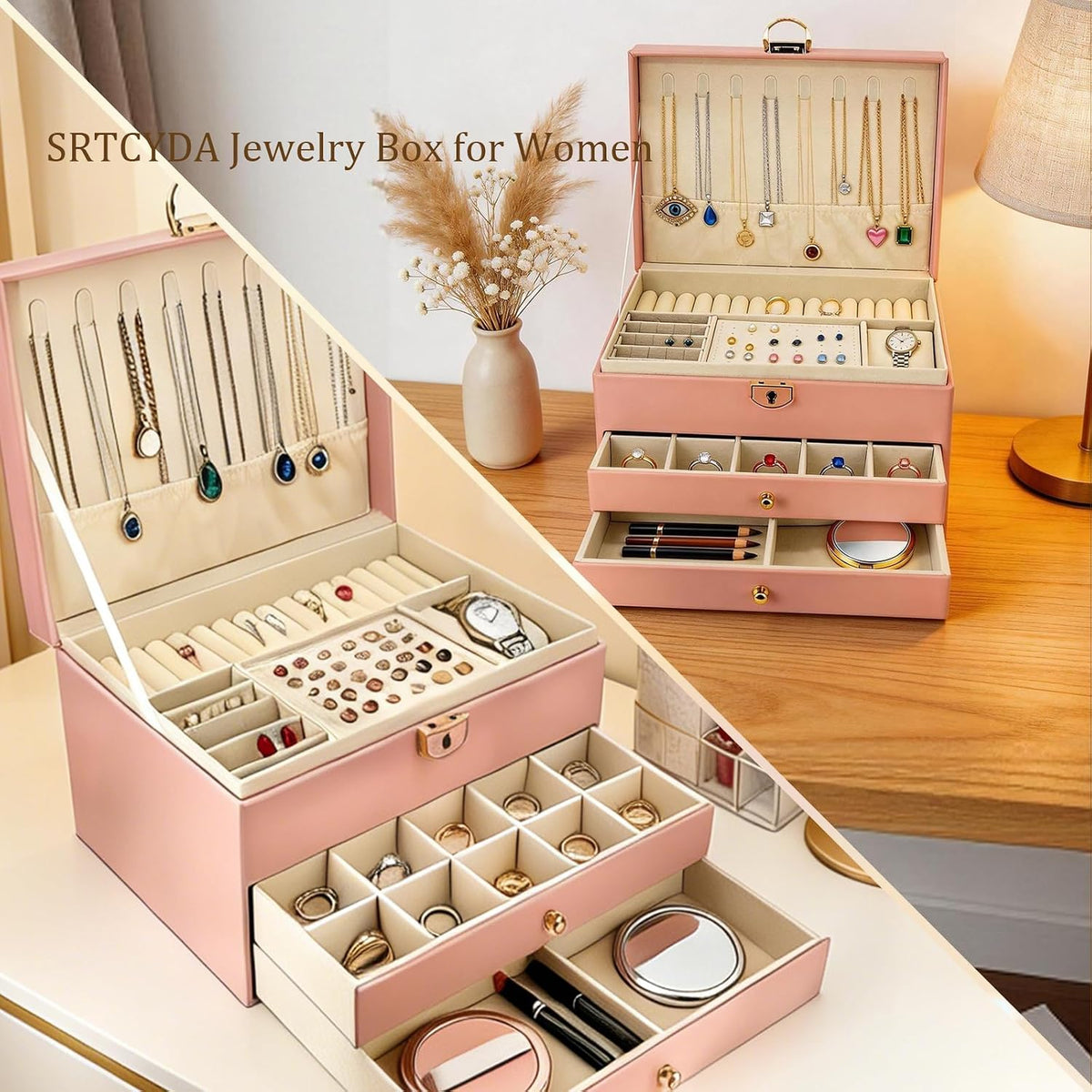 SRTCYDA Jewelry Box for Women, 3-Layer Jewelry Organizers with Lock and Key