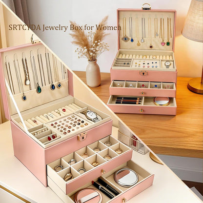 SRTCYDA Jewelry Box for Women, 3-Layer Jewelry Organizers with Lock and Key