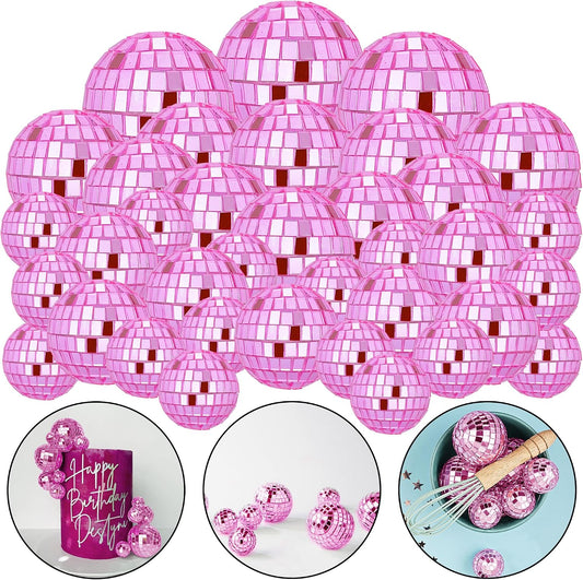 48 PCS Pink Disco Ball Cake Decoration Ornaments Reflective Mirror Balls for 70s Disco Themed Parties