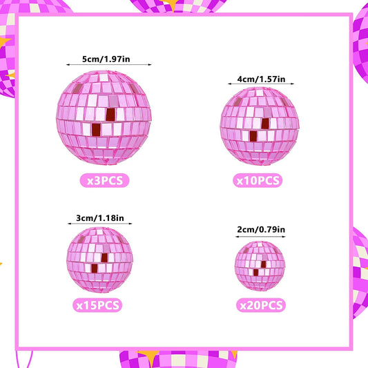 48 PCS Pink Disco Ball Cake Decoration Ornaments Reflective Mirror Balls for 70s Disco Themed Parties