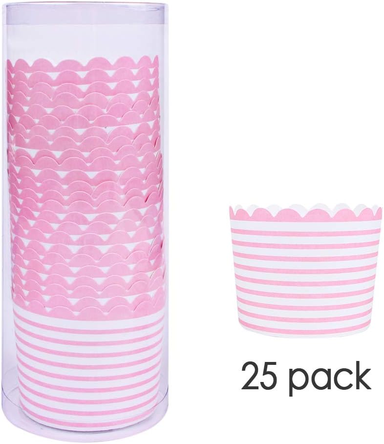 Full Size Paper Baking Cups, 6oz Pink Cupcake Liners for Cupcake Bath Bomb, Muffin Case, Great for Cupcake Baking Decoration Set of 25 (Pink Stripe)