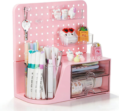 Desk Organizer with 2 Drawer, Pink 360° Rotating Pen Holder for Desk