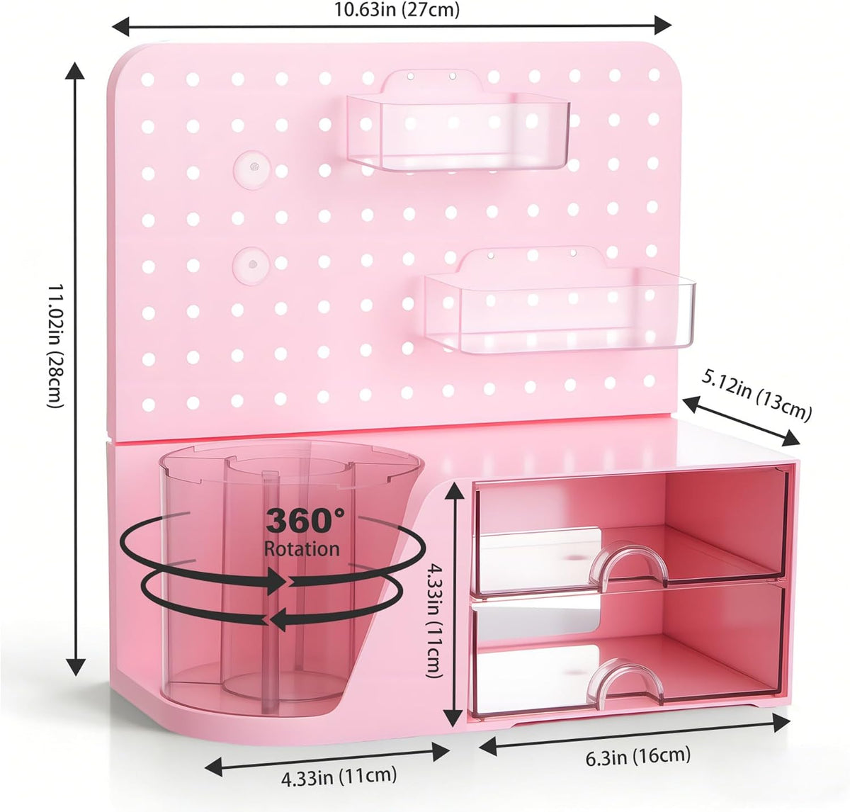 Desk Organizer with 2 Drawer, Pink 360° Rotating Pen Holder for Desk