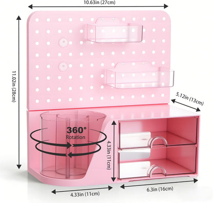 Desk Organizer with 2 Drawer, Pink 360° Rotating Pen Holder for Desk