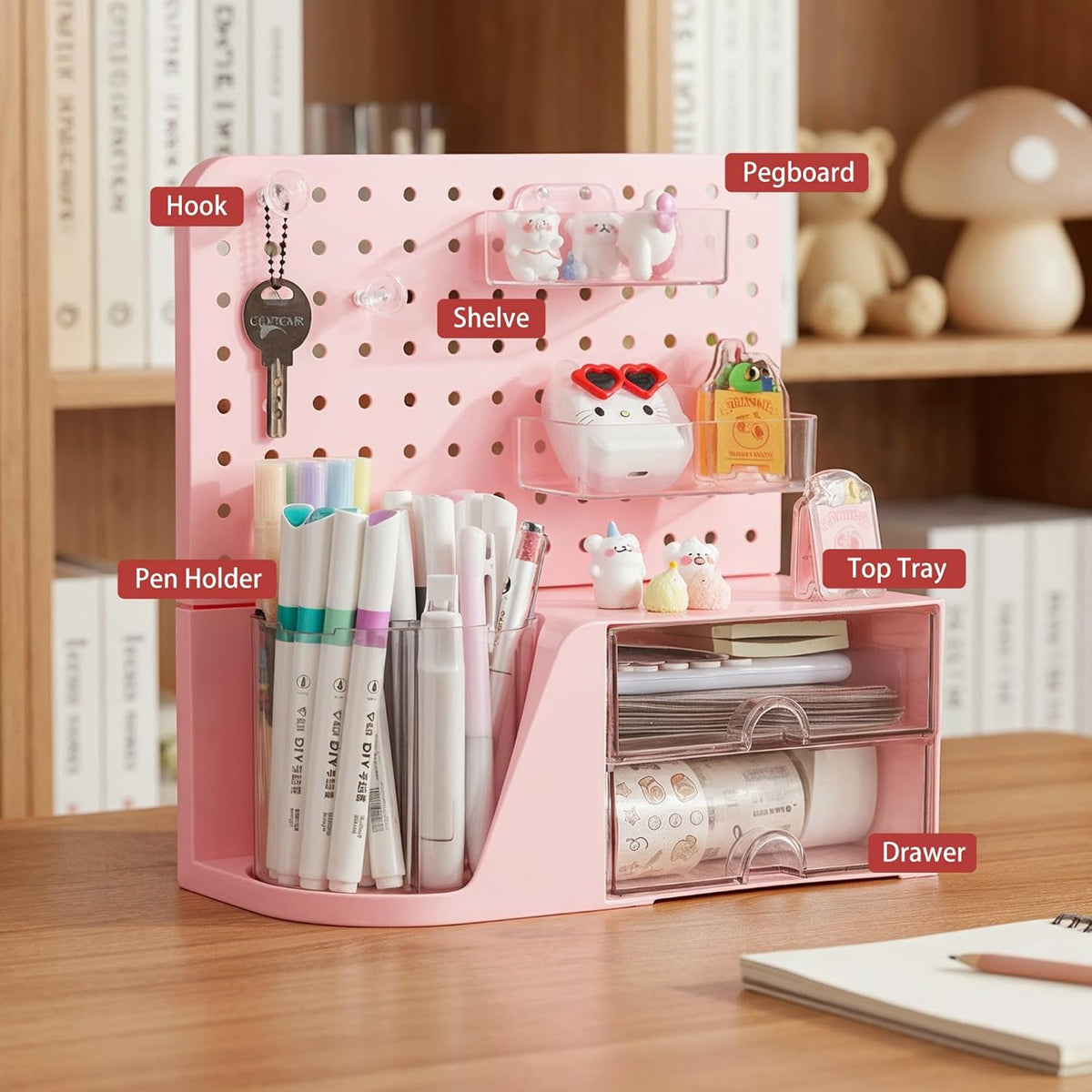 Desk Organizer with 2 Drawer, Pink 360° Rotating Pen Holder for Desk