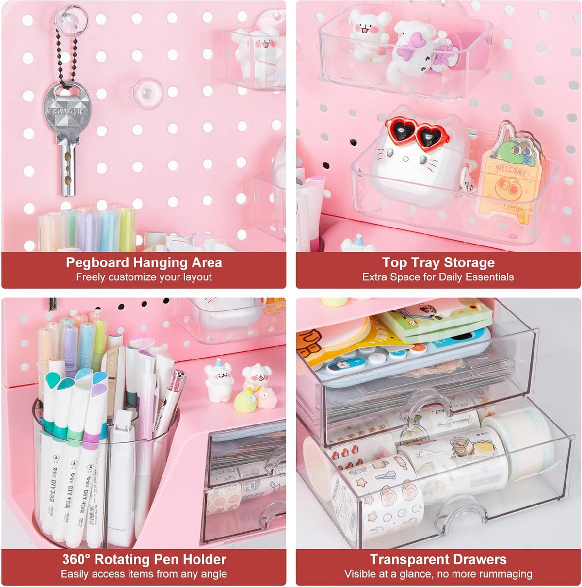 Desk Organizer with 2 Drawer, Pink 360° Rotating Pen Holder for Desk