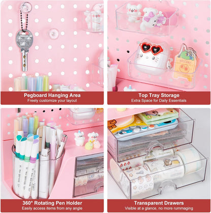 Desk Organizer with 2 Drawer, Pink 360° Rotating Pen Holder for Desk