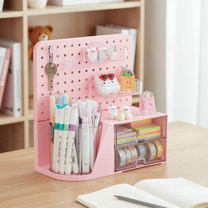 Desk Organizer with 2 Drawer, Pink 360° Rotating Pen Holder for Desk