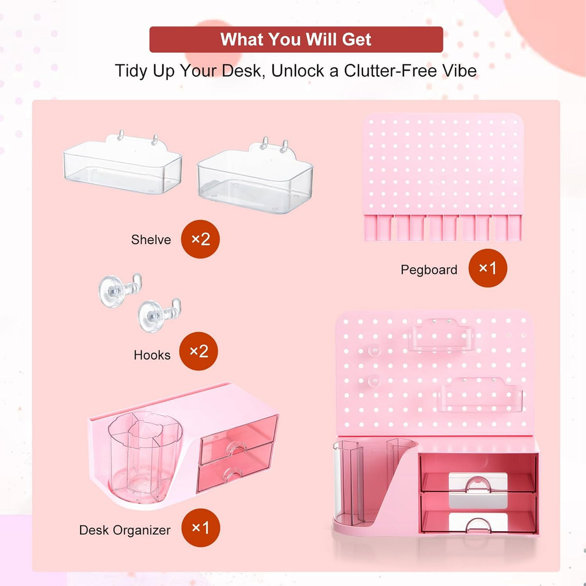 Desk Organizer with 2 Drawer, Pink 360° Rotating Pen Holder for Desk