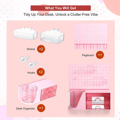 Desk Organizer with 2 Drawer, Pink 360° Rotating Pen Holder for Desk
