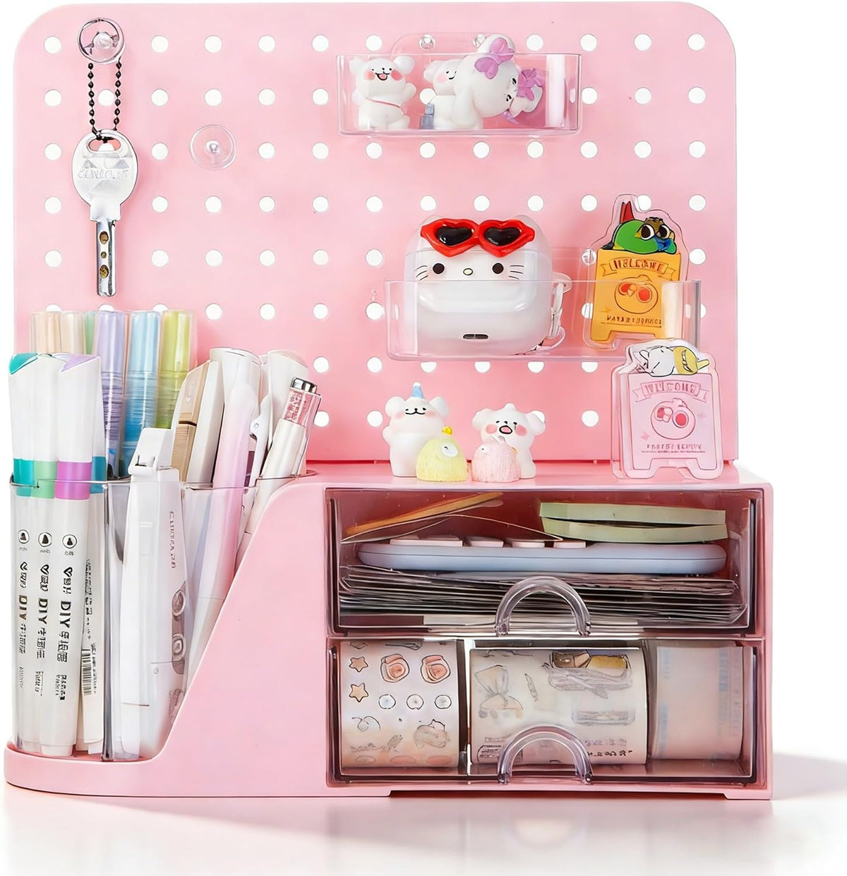 Desk Organizer with 2 Drawer, Pink 360° Rotating Pen Holder for Desk