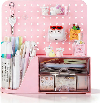 Desk Organizer with 2 Drawer, Pink 360° Rotating Pen Holder for Desk