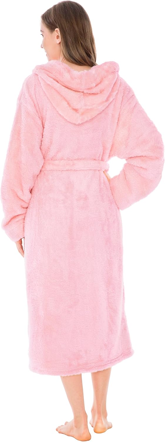 Womens Hooded Sherpa Fleece Robe, Long Plush Bathrobe Spa Housecoat