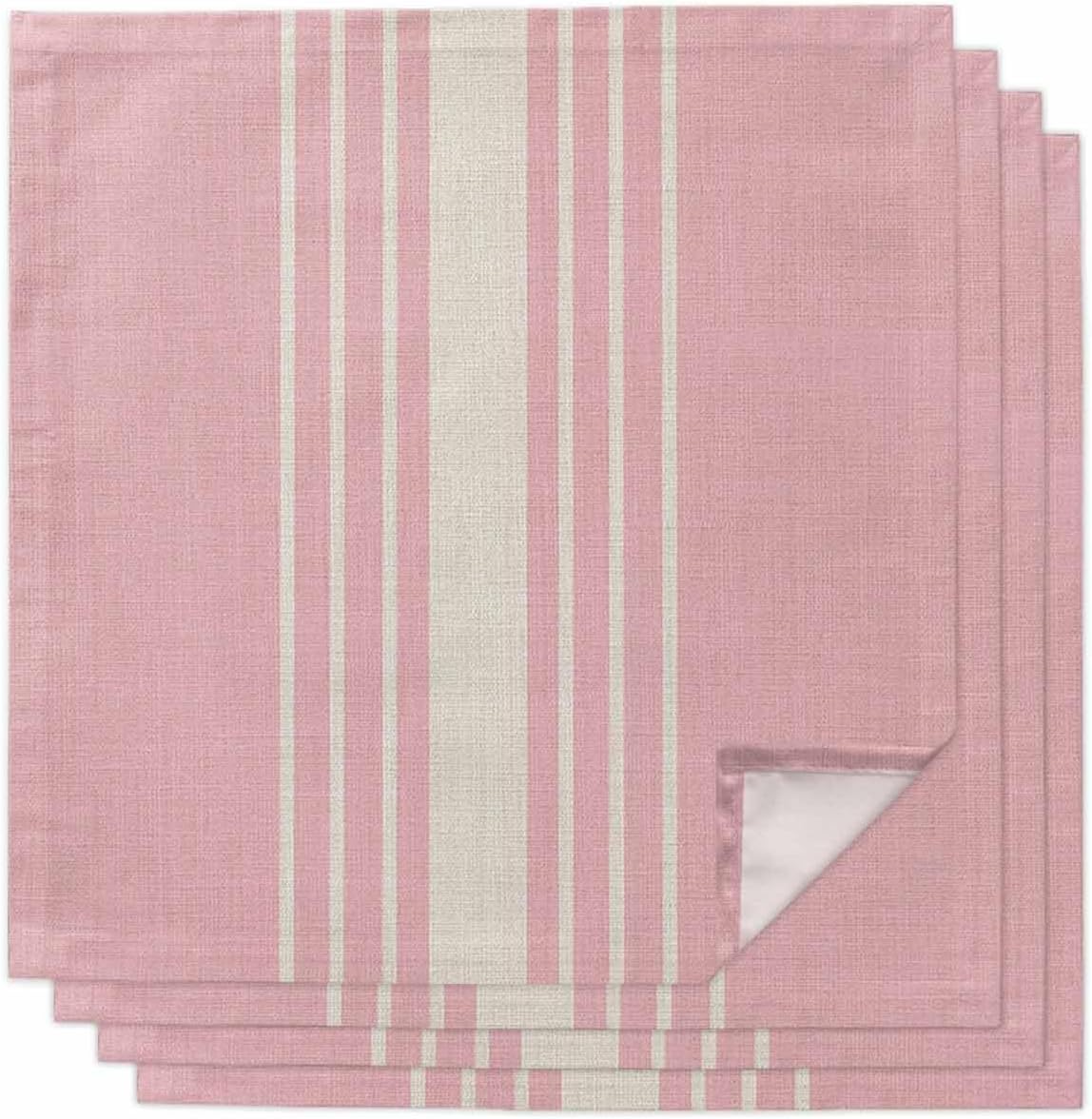 Pink Beige Striped Cloth Napkins Set of 4, Holiday Napkins for Baby Shower, Modern Farmhouse Retro Lines Washable Reusable Dinner Napkin for Cocktail Wedding Party, 20 x 20 Inch
