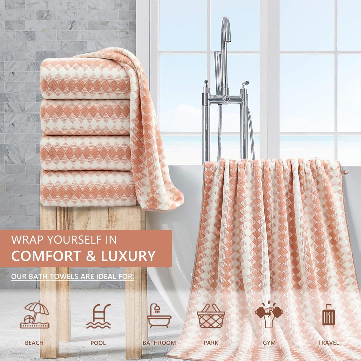 4 Piece Extra Large Bath Towel Set Oversized Bath Sheet 35"x70" Bathroom Towel Set Soft Highly Absorbent & Quick Dry Premium Bath Towel for Bathroom 600GSM Shower Towel Spa Gym Hotel,Peach