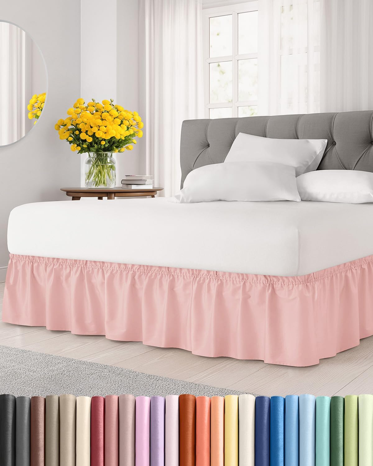 CGK Wrap Around Dust Ruffle Bed Skirt - Queen Size, 15" Inch, Baby Pink