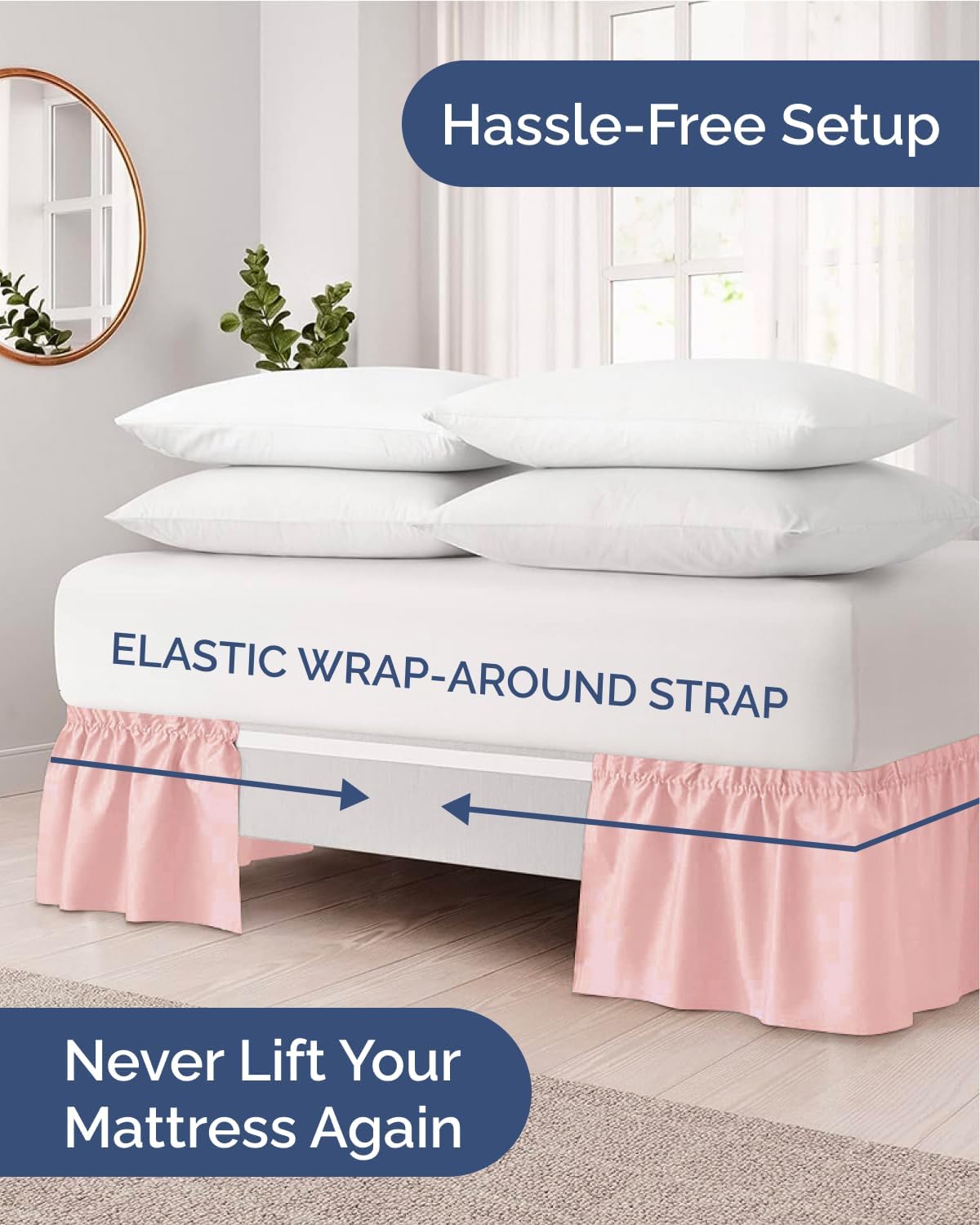 CGK Wrap Around Dust Ruffle Bed Skirt - Queen Size, 15" Inch, Baby Pink