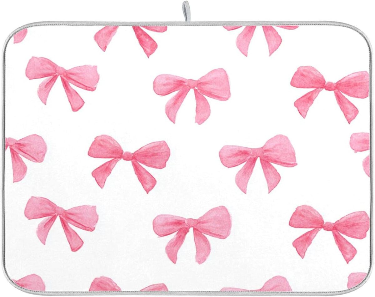Light Pink Bows Watercolor Dish Drying Mat Absorbent Dishes Drainer Rack Mats Microfiber Reversible Dish Drying Pad Fast Dry Kitchen Accessories 16x18in For Kitchen Counter