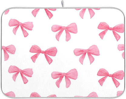 Light Pink Bows Watercolor Dish Drying Mat Absorbent Dishes Drainer Rack Mats Microfiber Reversible Dish Drying Pad Fast Dry Kitchen Accessories 16x18in For Kitchen Counter