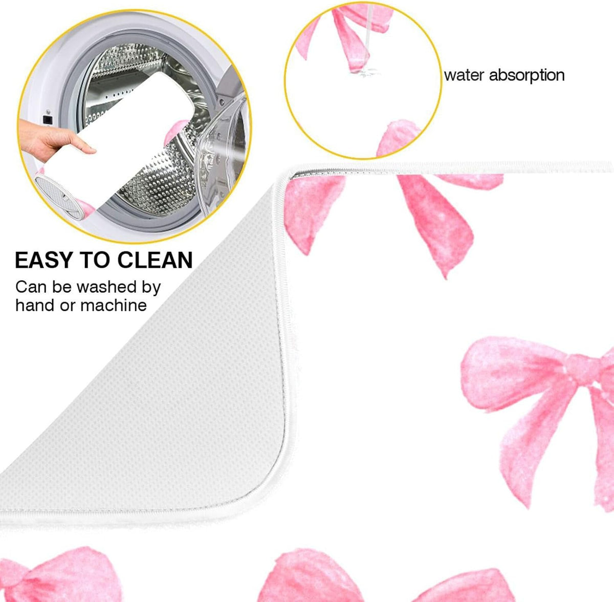 Light Pink Bows Watercolor Dish Drying Mat Absorbent Dishes Drainer Rack Mats Microfiber Reversible Dish Drying Pad Fast Dry Kitchen Accessories 16x18in For Kitchen Counter