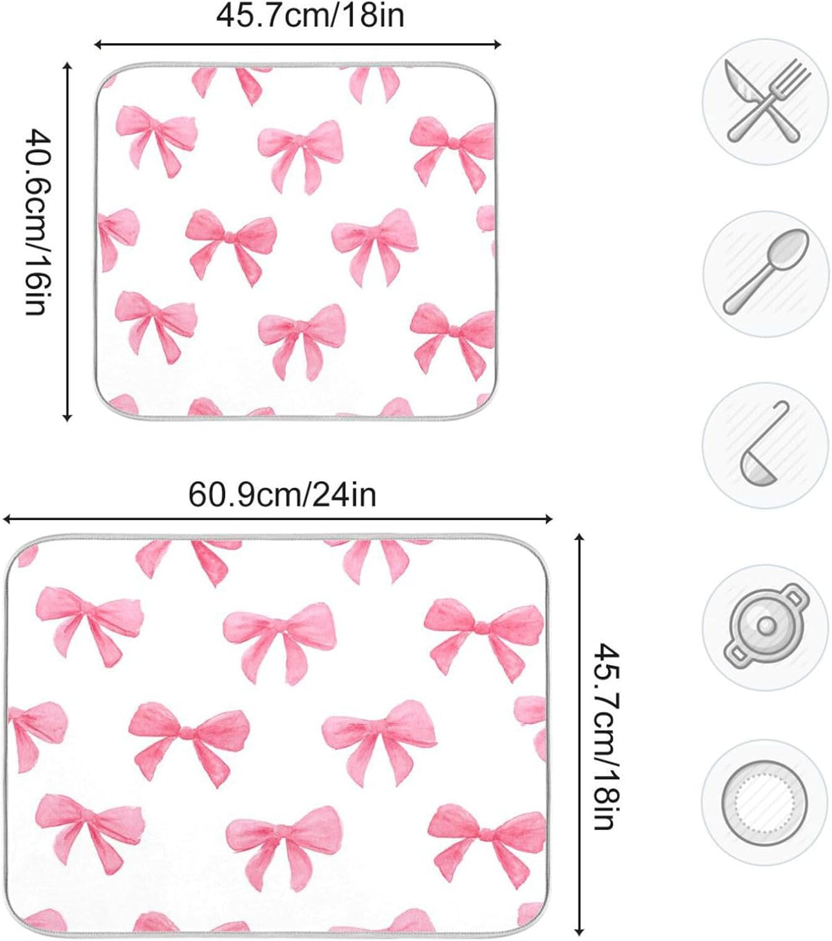 Light Pink Bows Watercolor Dish Drying Mat Absorbent Dishes Drainer Rack Mats Microfiber Reversible Dish Drying Pad Fast Dry Kitchen Accessories 16x18in For Kitchen Counter