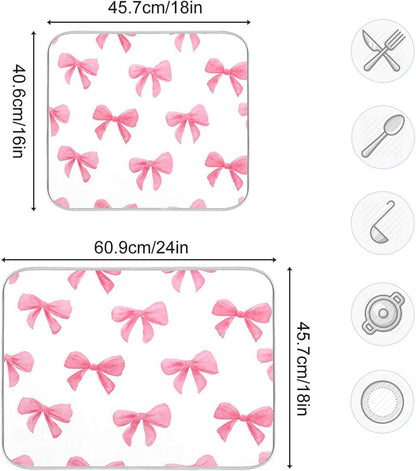 Light Pink Bows Watercolor Dish Drying Mat Absorbent Dishes Drainer Rack Mats Microfiber Reversible Dish Drying Pad Fast Dry Kitchen Accessories 16x18in For Kitchen Counter