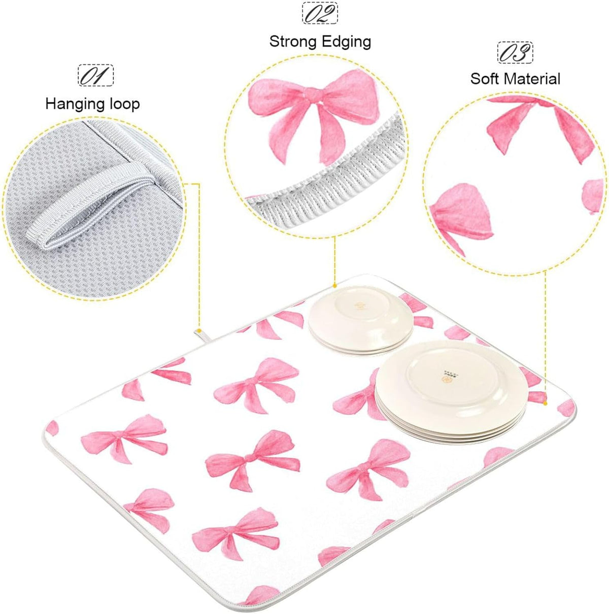 Light Pink Bows Watercolor Dish Drying Mat Absorbent Dishes Drainer Rack Mats Microfiber Reversible Dish Drying Pad Fast Dry Kitchen Accessories 16x18in For Kitchen Counter