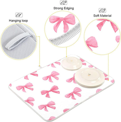 Light Pink Bows Watercolor Dish Drying Mat Absorbent Dishes Drainer Rack Mats Microfiber Reversible Dish Drying Pad Fast Dry Kitchen Accessories 16x18in For Kitchen Counter