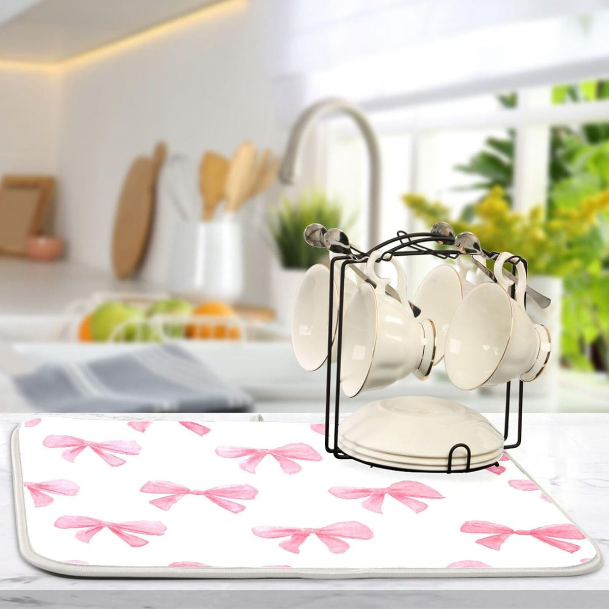 Light Pink Bows Watercolor Dish Drying Mat Absorbent Dishes Drainer Rack Mats Microfiber Reversible Dish Drying Pad Fast Dry Kitchen Accessories 16x18in For Kitchen Counter